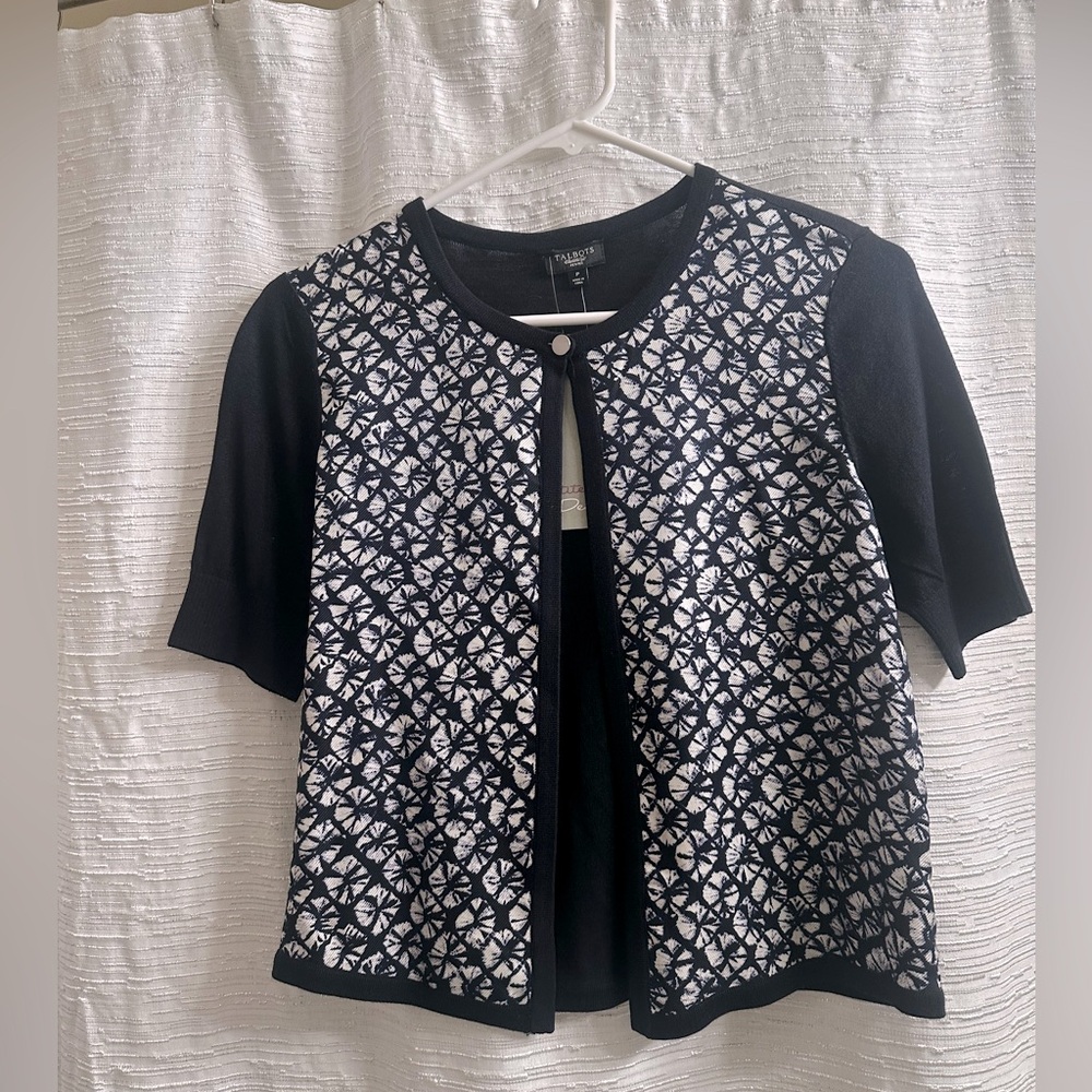 Talbots Navy Blue/Black and white cardigan with a floral pattern